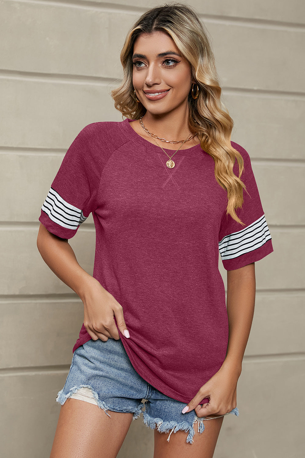 Striped Round Neck Short Sleeve T-Shirt Trandify deal