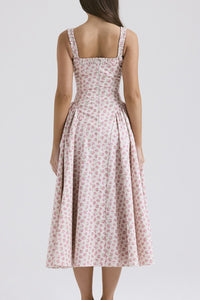Blush pink floral square neck midi dress for women – USA summer wedding guest dress, wide straps, romantic style – TrandifyDeal
