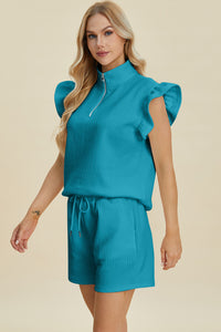 Double Take Texture Flounce Sleeve Top and Shorts Set - Trandify Deal