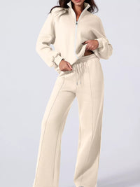 Women's Zip Up Jogger Set in Beige on model showing pockets