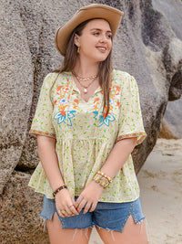 Plus Size Printed Tie Neck Half Sleeve Blouse Trandify deal