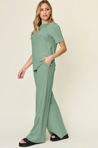 Double Take Full Size Round Neck Short Sleeve T-Shirt and Wide Leg Pants Set Trandify Deal