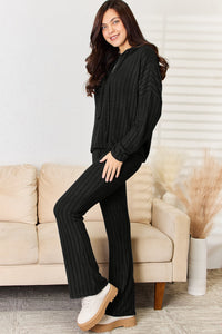 Basic Bae Full Size Ribbed Drawstring Hooded Top and Straight Pants Set Trandify Deal