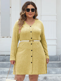 Plus Size Ribbed Buttoned V-Neck Long Sleeve Dress Trandify deal