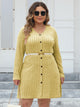 Plus Size Ribbed Buttoned V-Neck Long Sleeve Dress Trandify deal