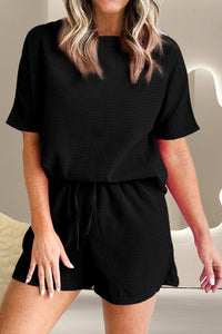 Round Neck Short Sleeve Top and Drawstring Shorts Set Trandify deal