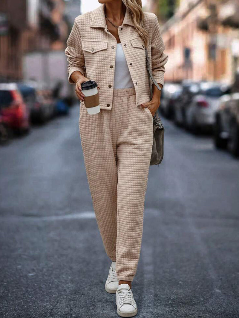 Plaid Texture Snap Down Top and Pants Set Trandify deal