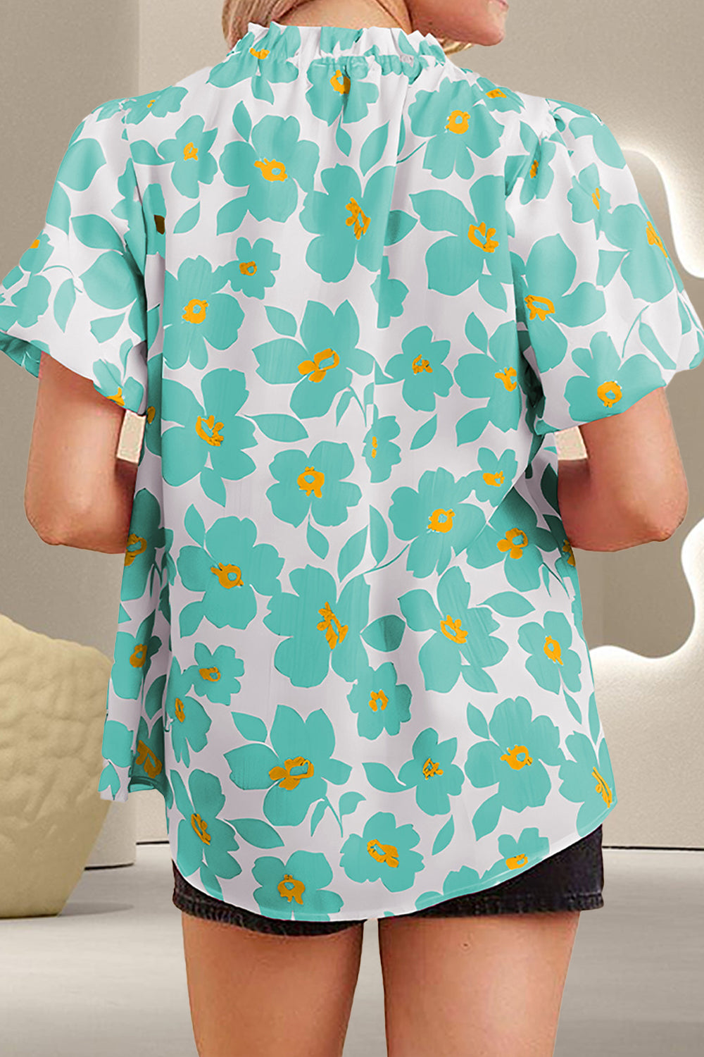 Printed Mock Neck Puff Sleeve Blouse - Trandify Deal