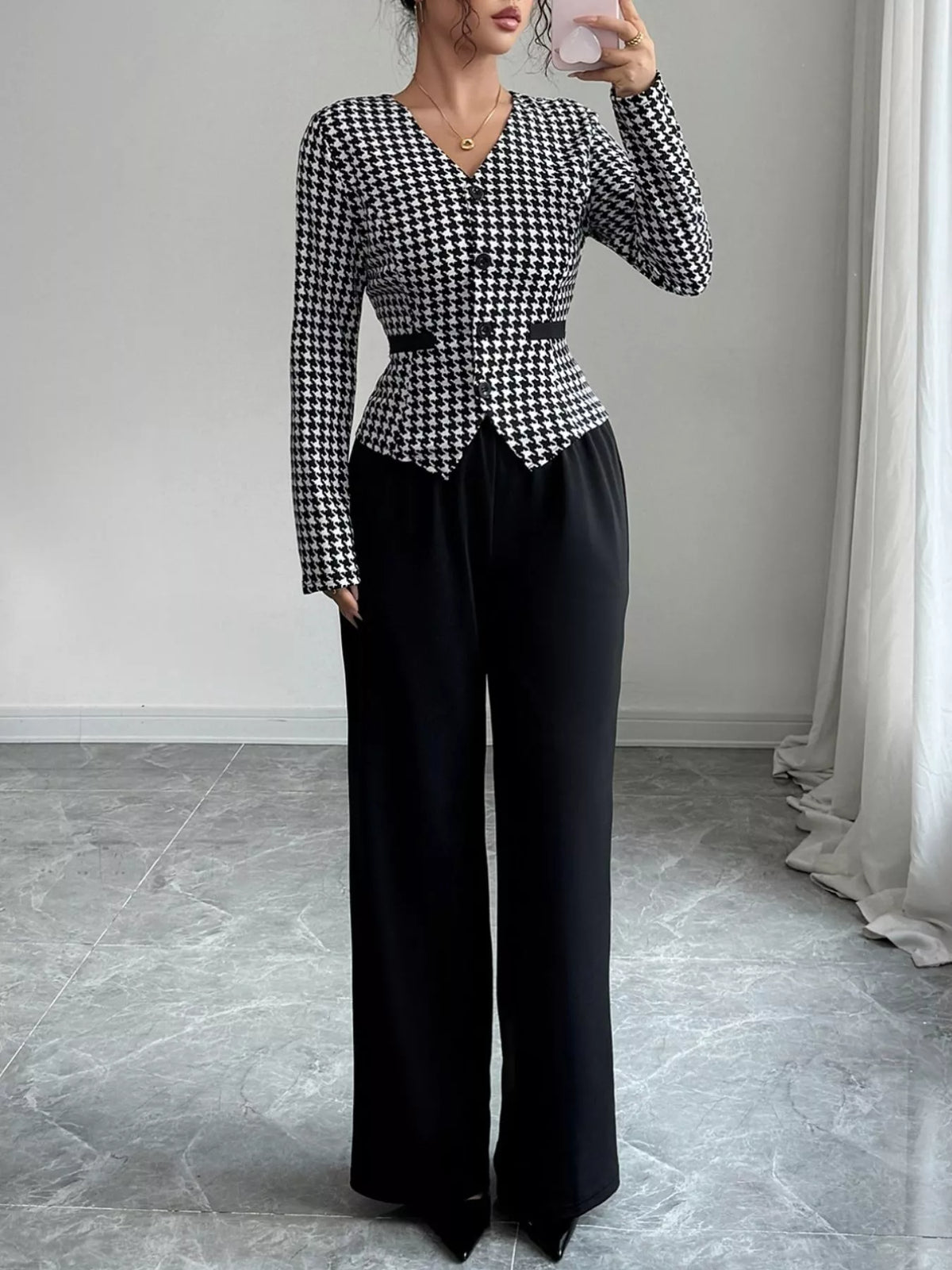 Women's Houndstooth Blazer & Wide Leg Pants Set