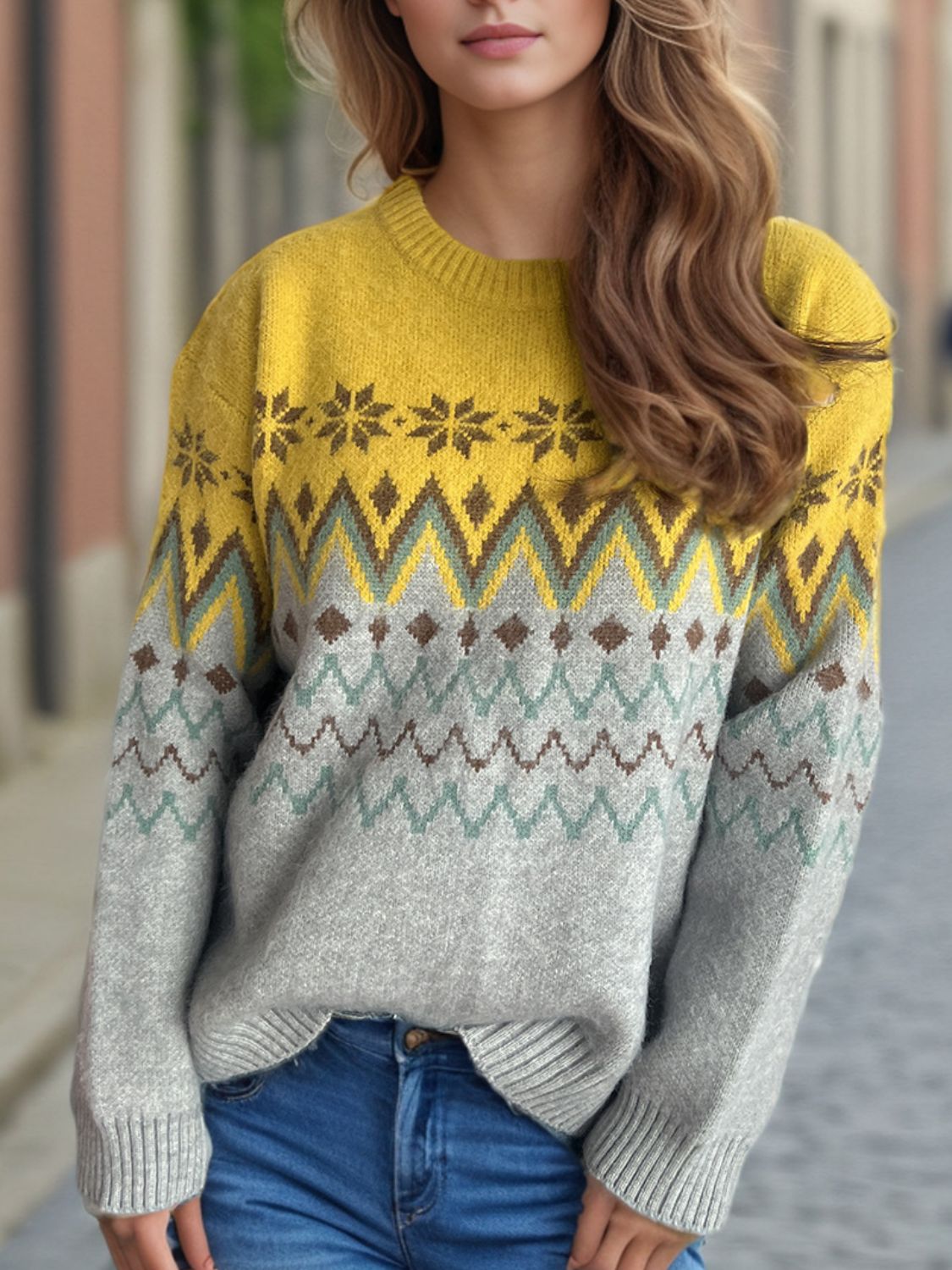 Chevron Contrast Round Neck Long Sleeve Sweater Trandify Deal