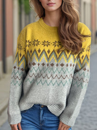 Chevron Contrast Round Neck Long Sleeve Sweater Trandify Deal