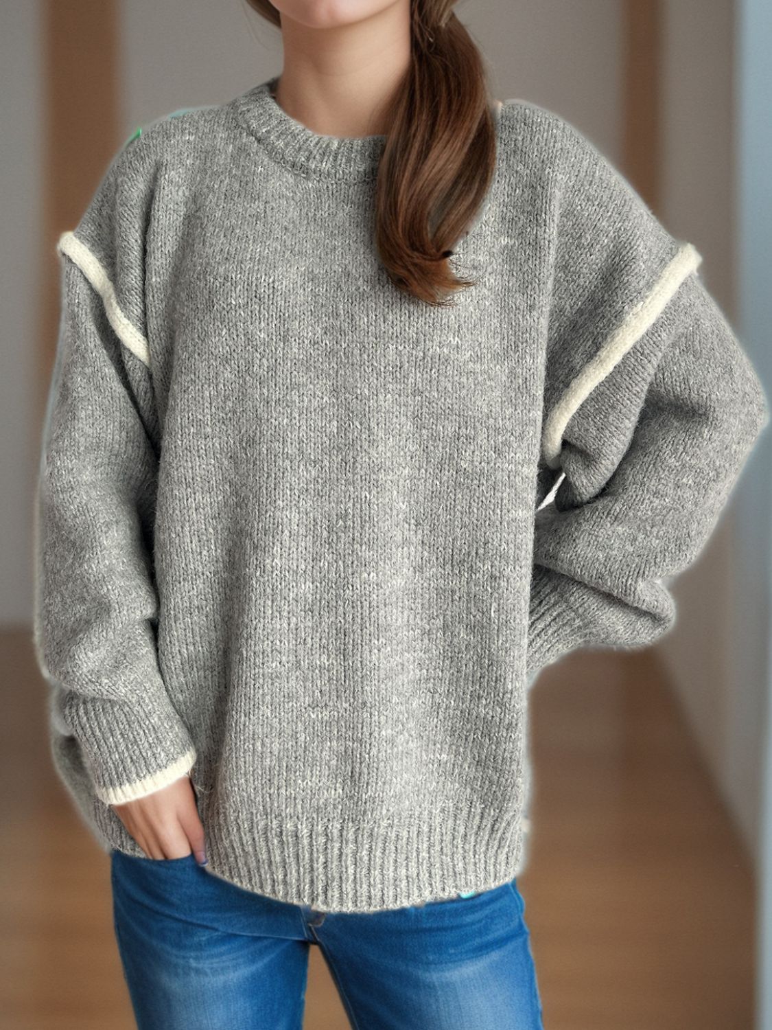 Contrast Trim Round Neck Dropped Shoulder Sweater Trandify Deal