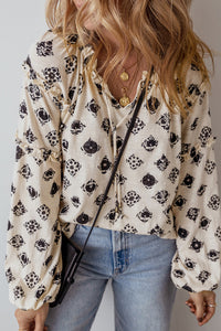 Printed Tie Neck Long Sleeve Blouse Trandify Deal