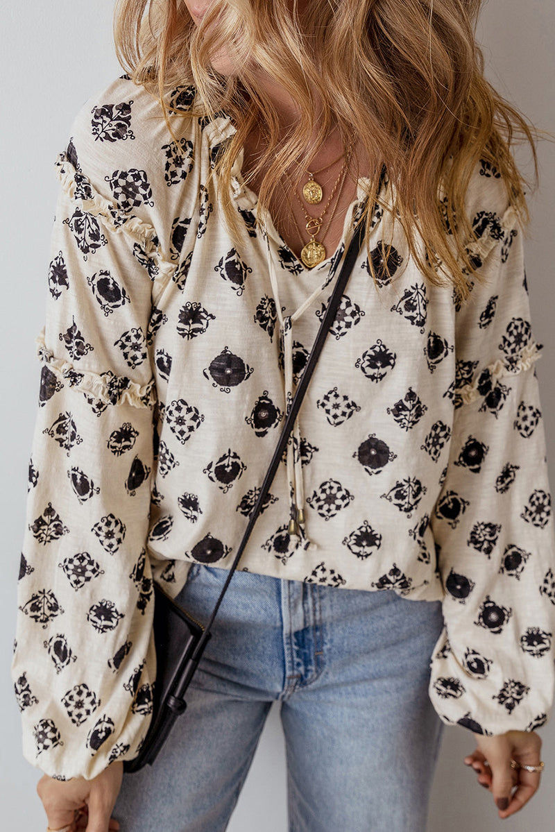 Printed Tie Neck Long Sleeve Blouse Trandify Deal