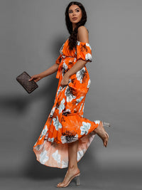 Pleated Floral Off-Shoulder Short Sleeve Midi Dress Trandify deal