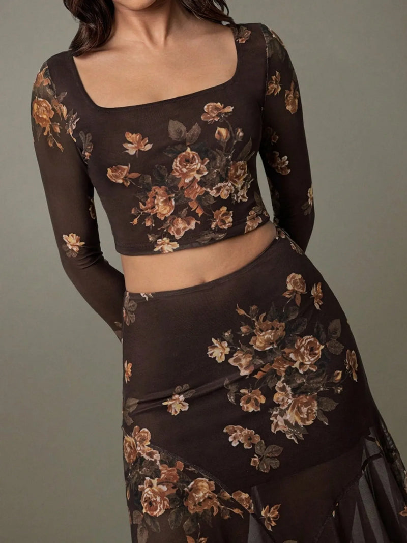 Floral Square Neck Top and Skirt Set for Women – Summer Boho Outfit