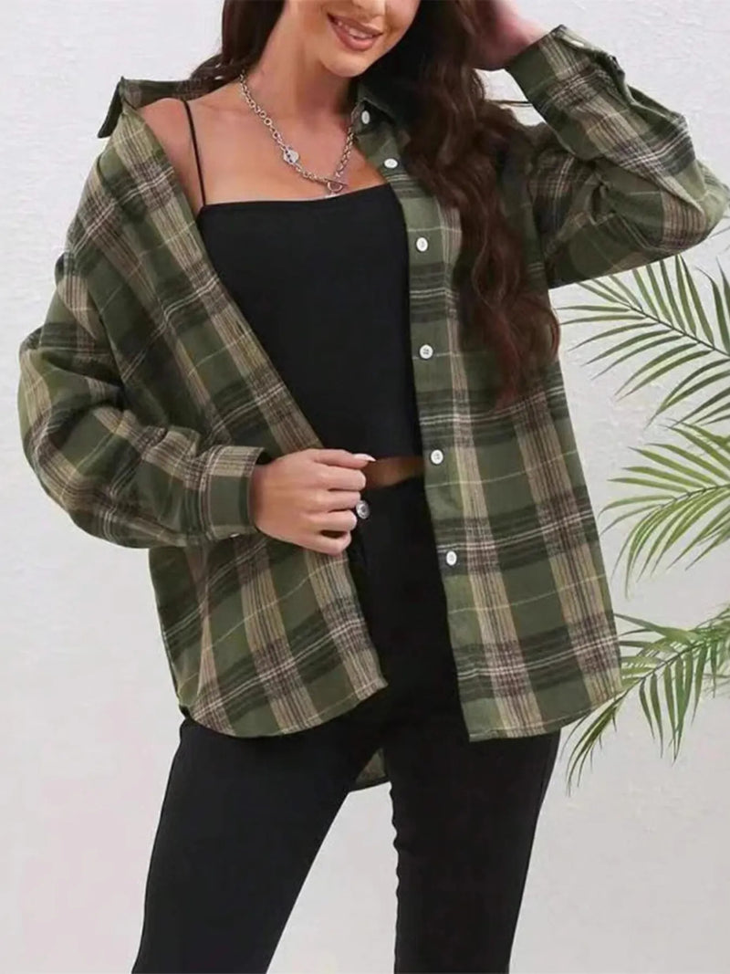 Women’s red plaid flannel shirt long sleeve button-down top for casual fall fashion