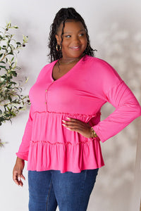 Double Take Half Button Long Sleeve Ruffle Hem Blouse Trandify Deal