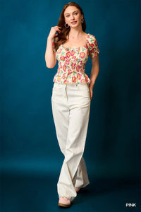 Women’s Floral Print Peplum Blouse – Smocked Waist & Puff Sleeves
