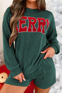 MERRY Round Neck Long Sleeve Top and Shorts Lounge Set Trandify Deal