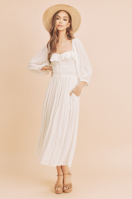 Aemi + Co Women’s Ruffled Smocked Square Neck Balloon Sleeve Dress in [white] – Trendy Summer Dress for USA Women | TrandifyDeal