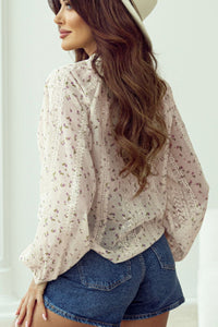 Frill Lace Detail Printed Tie Neck Long Sleeve Blouse Trandify Deal