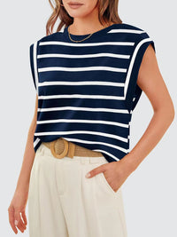 Striped Round Neck Cap Sleeve T-Shirt Trandify deal
