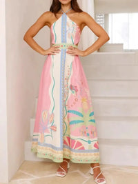 Halter Neck Tropical Print Maxi Dress for Women – Flowy Summer Beach Sundress with Side Slit