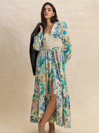 Slit Printed V-Neck Long Sleeve Midi Dress Trandify Deal