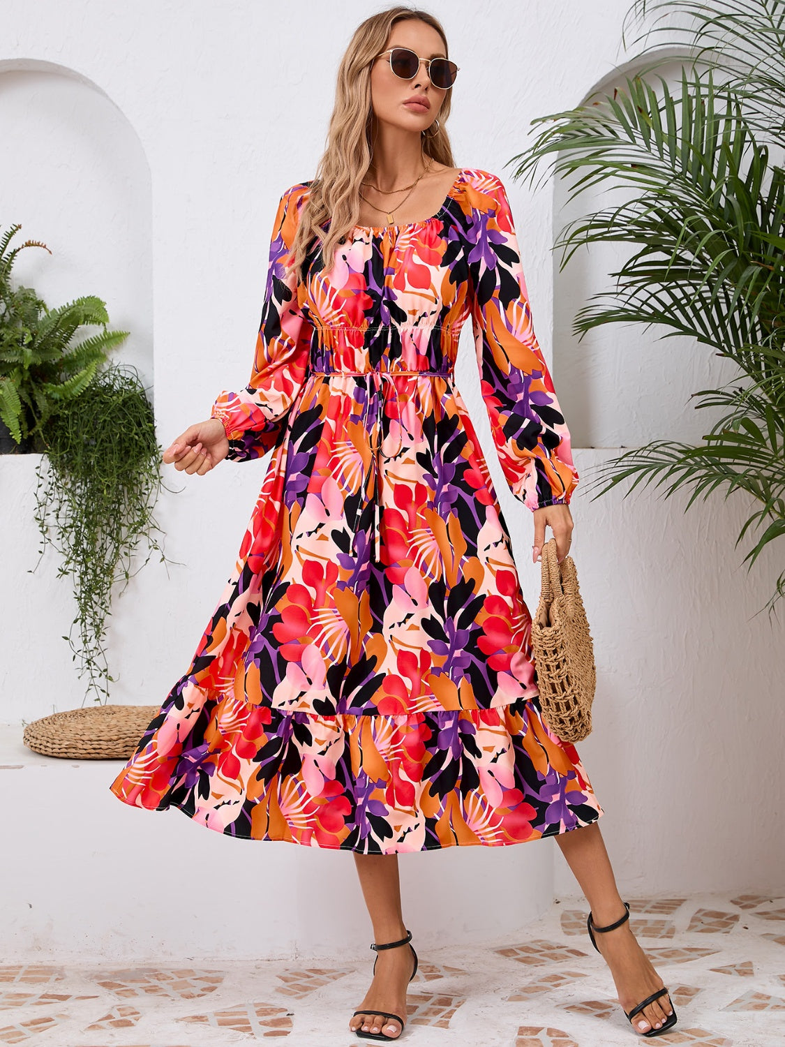 Printed Long Sleeve Midi Dress Trandify Deal