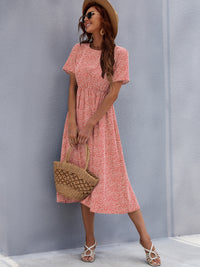 Printed Round Neck Short Sleeve Midi Dress Trandify Deal