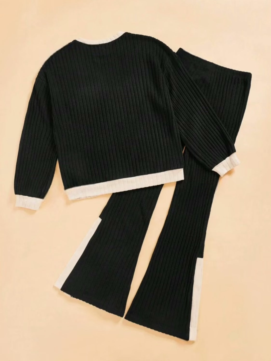 Contrast Round Neck Long Sleeve Top and Bootcut Pants Set Trandify Deal