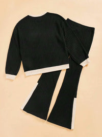 Contrast Round Neck Long Sleeve Top and Bootcut Pants Set Trandify Deal