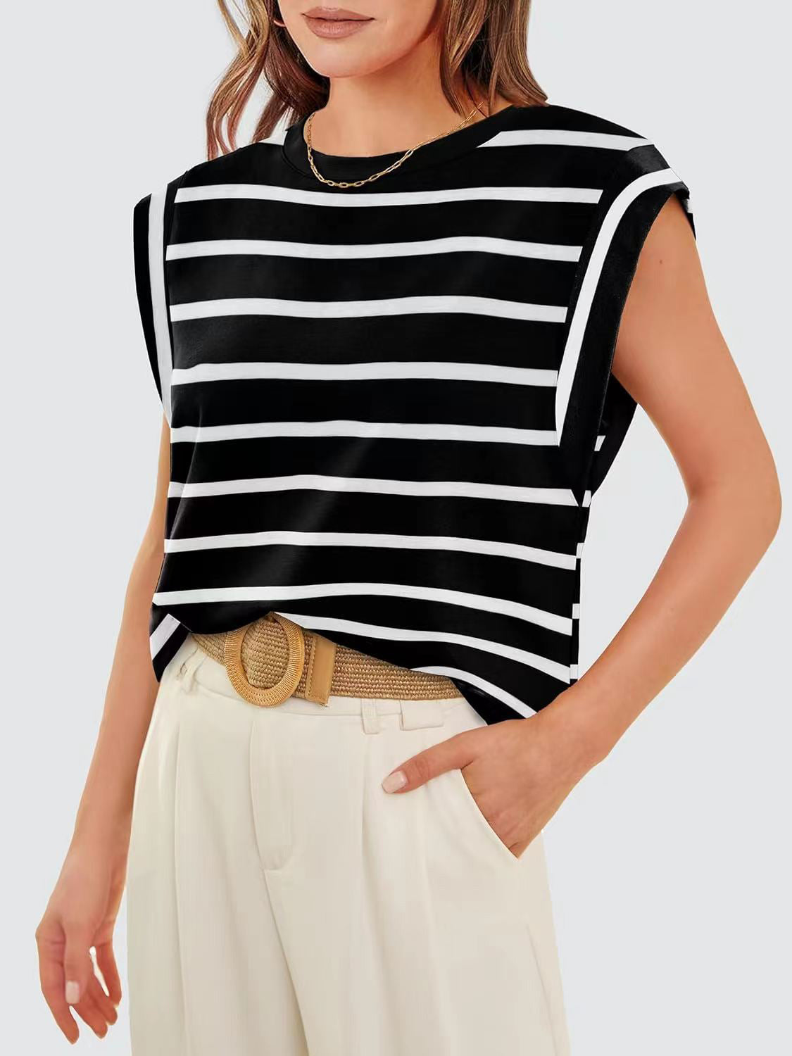 Striped Round Neck Cap Sleeve T-Shirt Trandify deal