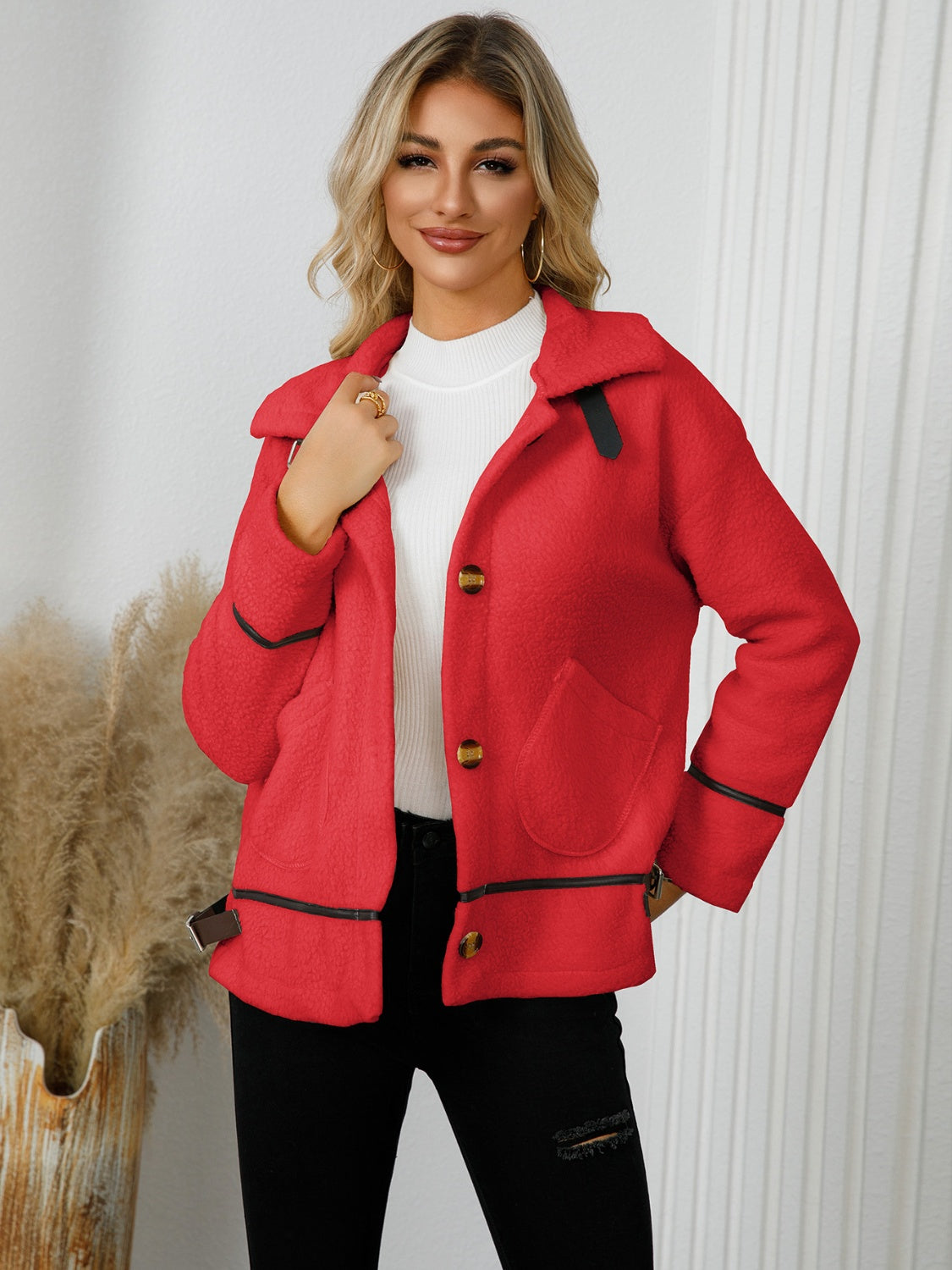 Pocketed Button Down Collared Neck Jacket Trandify Deal