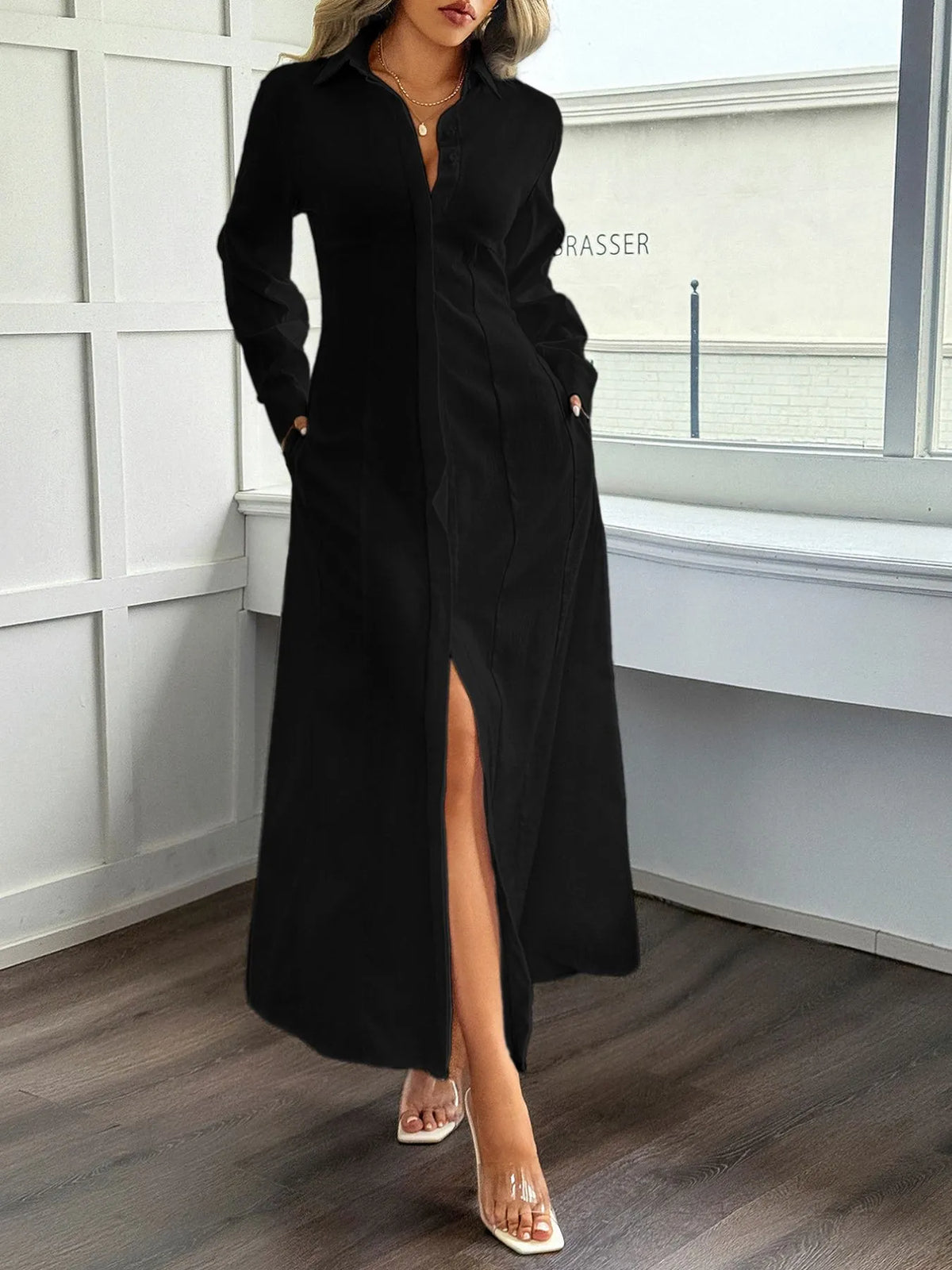 Elegant Slit Long Sleeve Maxi Shirt Dress for Women – Flowy Casual & Office Wear