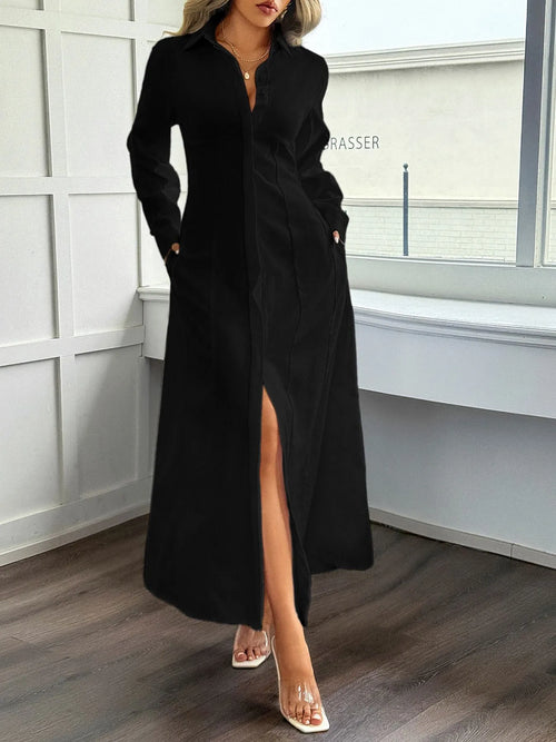 Elegant Slit Long Sleeve Maxi Shirt Dress for Women – Flowy Casual & Office Wear