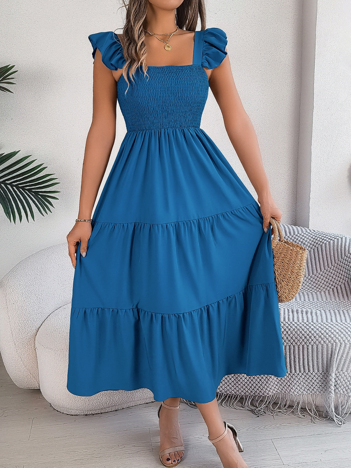 Smocked Square Neck Cap Sleeve Midi Dress Trandify deal
