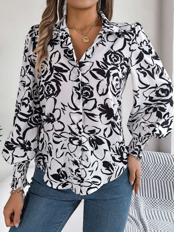 Printed Collared Neck Lantern Sleeve Shirt Trandify deal