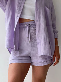 Trendy linen-blend two-piece set for women, stylish matching shirt and shorts