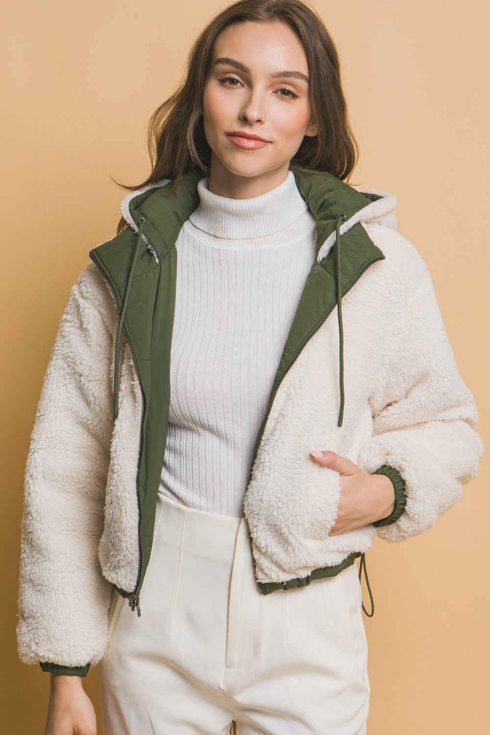 Love Tree Zip Up Cropped Hooded Sherpa Reversible Jacket Trandify Deal