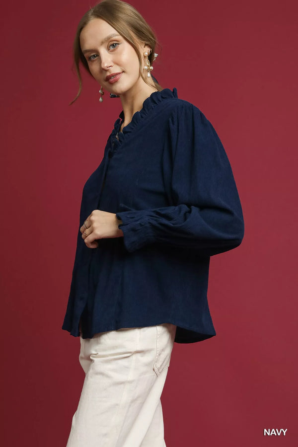 Oversized corduroy ruffle shirt with long puff sleeves women's fashion