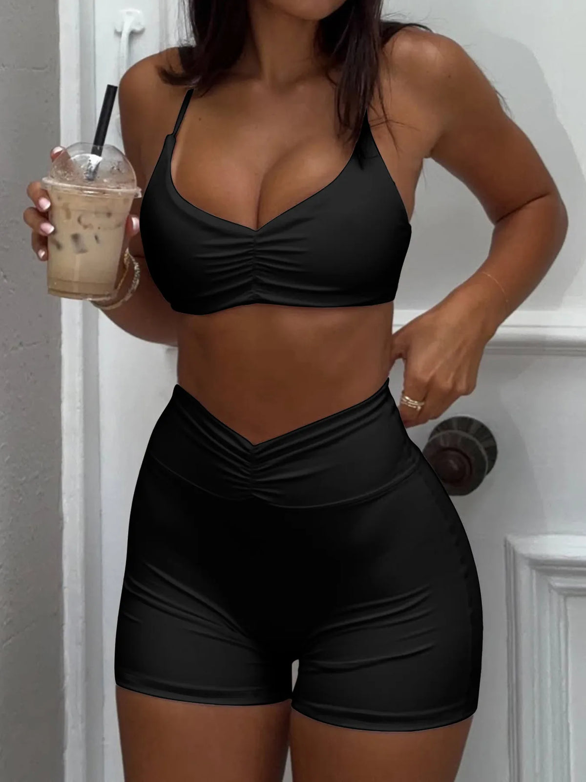 Women’s Ruched Sports Bra and High-Waisted Workout Shorts Set for Gym & Yoga