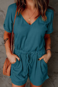 Full Size Drawstring V-Neck Short Sleeve Romper Trandify deal