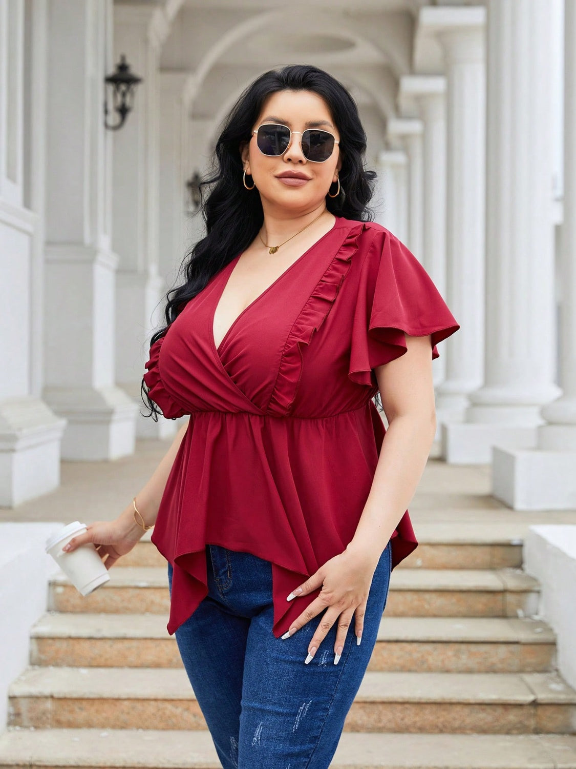 Plus Size Frill Surplice Flutter Sleeve Blouse Trandify deal