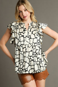 Umgee Two-Tone Animal Print Ruffle Cap Sleeve Blouse - Plus Size Fashion at TrandifyDeal