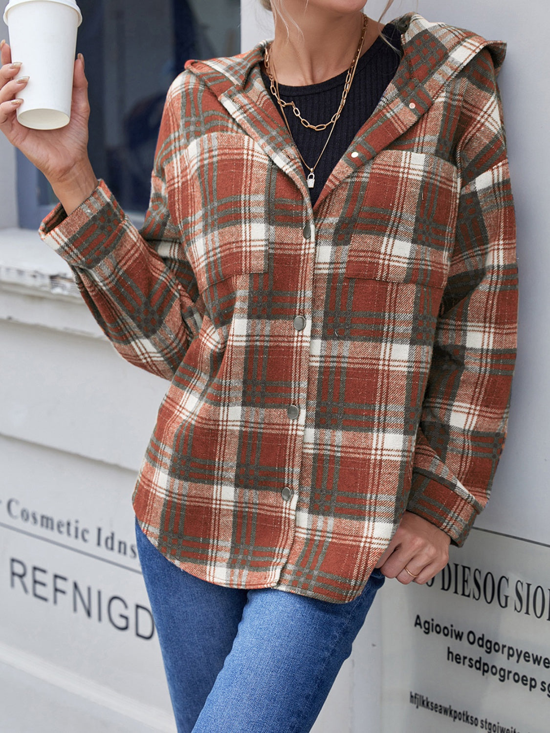 lvy Lane Plaid Button Up Long Sleeve Hooded Jacket Trandify Deal