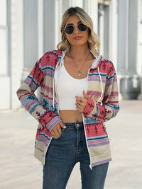 Geometric Zip Up Long Sleeve Hooded Jacket Trandify Deal