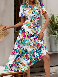 Perfee Printed Notched Short Sleeve Midi Dress Trandify deal