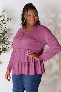 Double Take Half Button Long Sleeve Ruffle Hem Blouse Trandify Deal